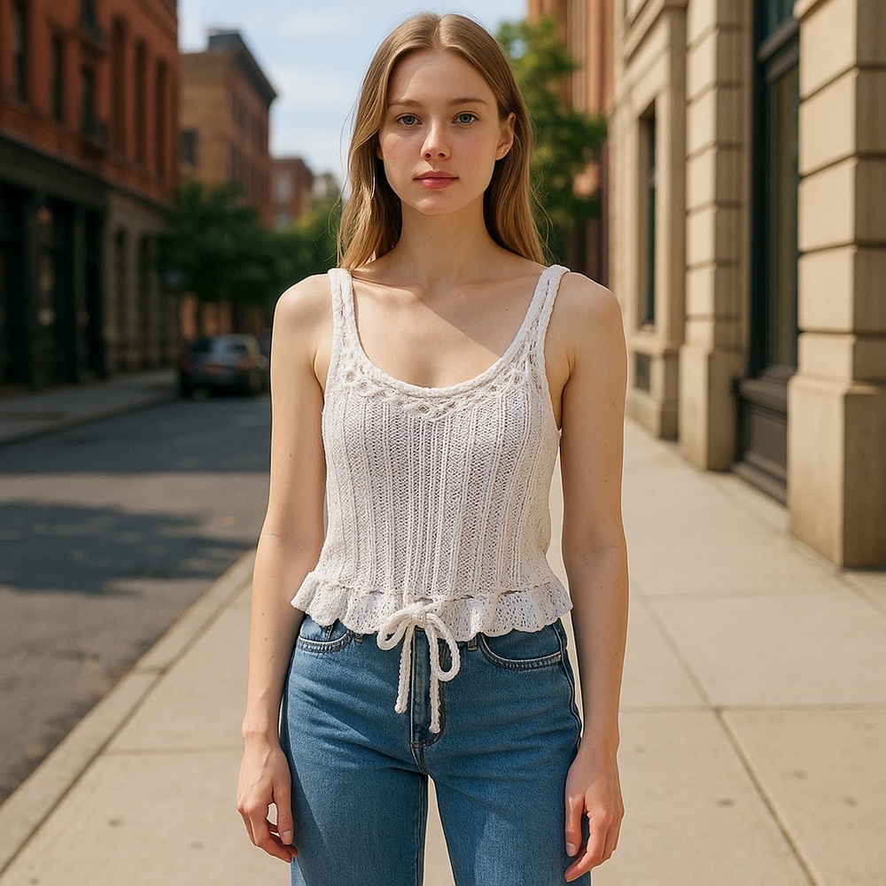 Crop Top Hand Crafted Crochet Halter White Ribbed Tank Boho Ruffle Crystals - Picture 2 of 16